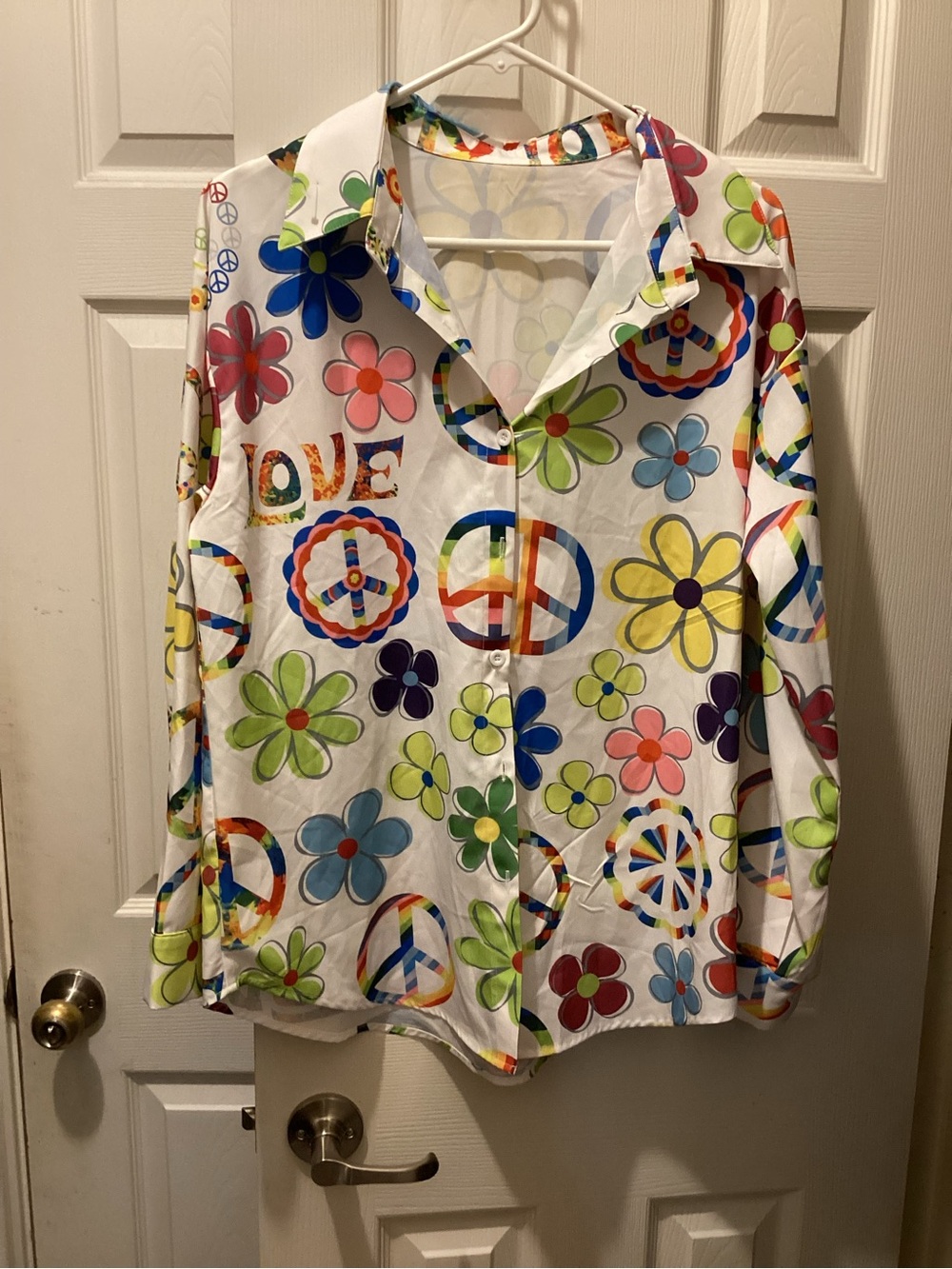 White Button-Up Shirt with Multicolor Peace Signs & Flowers